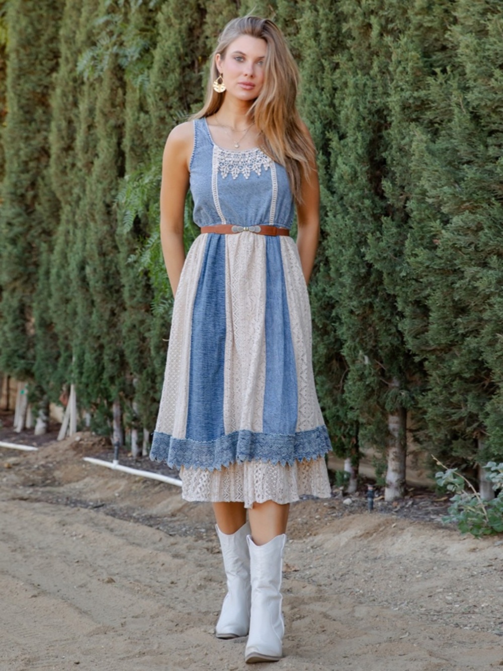 "The Rosina" Vintage-Inspired Denim and Cream Lace Maxi Dress
